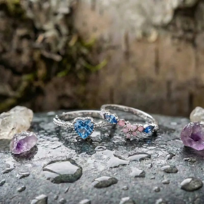 Adjustable Blue Stone Ring With Zirconia In Sterling Silver