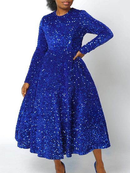 A-line High Waisted Sequined Split-joint Zipper Round-neck Maxi Dresses