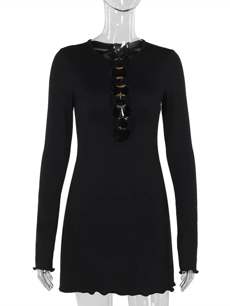 Hollow Out Long Sleeve Mini Dress for Robe Autumn New Black O Neck Club Party Dress Clubwear