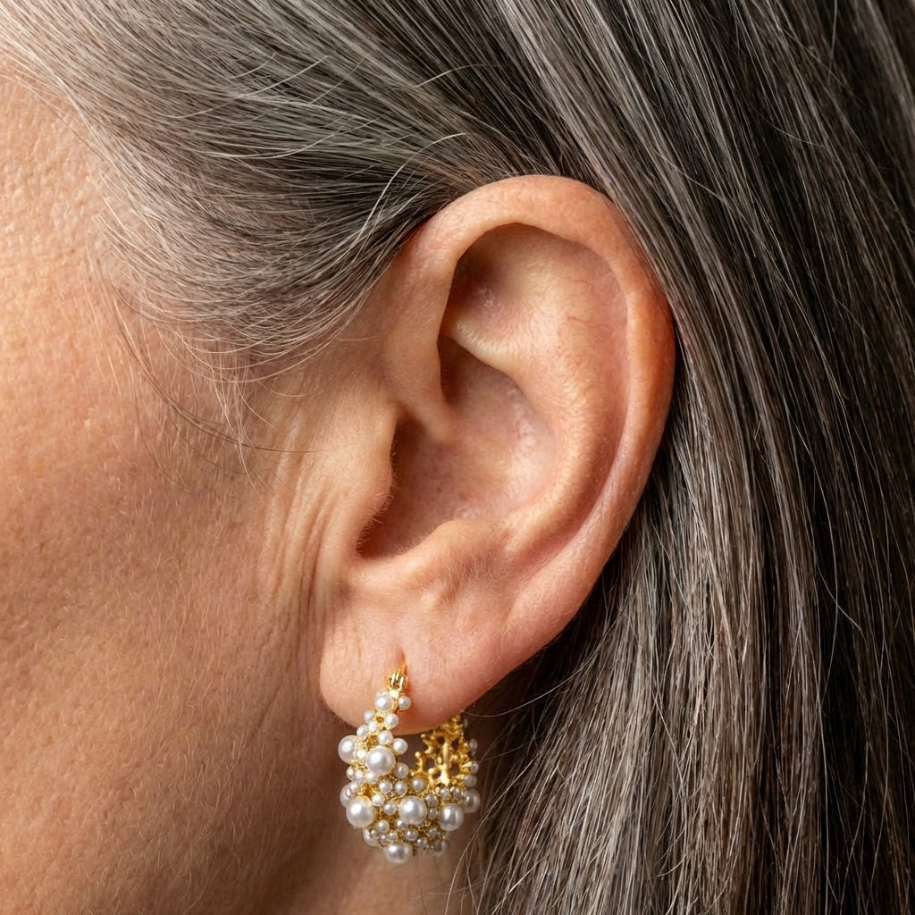 Vintage Gold Pearl Cluster Design Hoop Earrings
