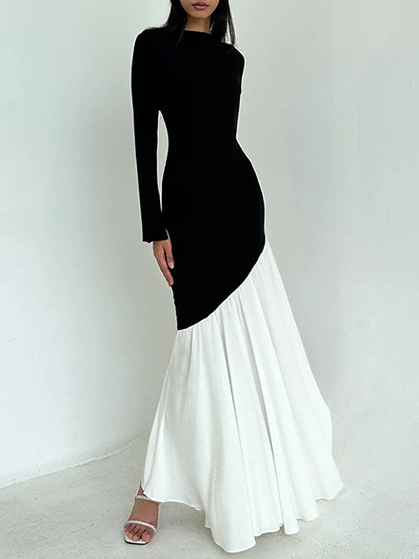Bodycon High Waisted Contrast Color Pleated Split-joint Round-neck Maxi Dresses