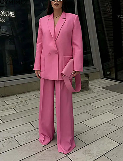 Pink Print Pockets Blazer Trousers Office Two Piece Set