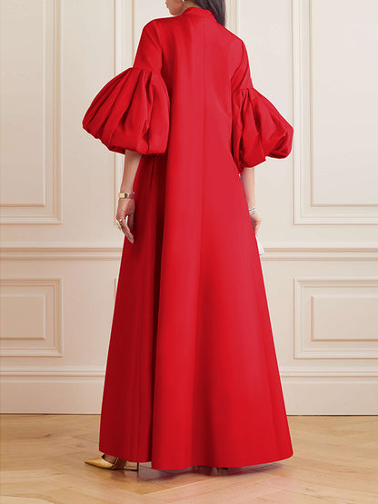 Loose Flower Shape Color Stand Collar Lantern Sleeves Maxi Dresses