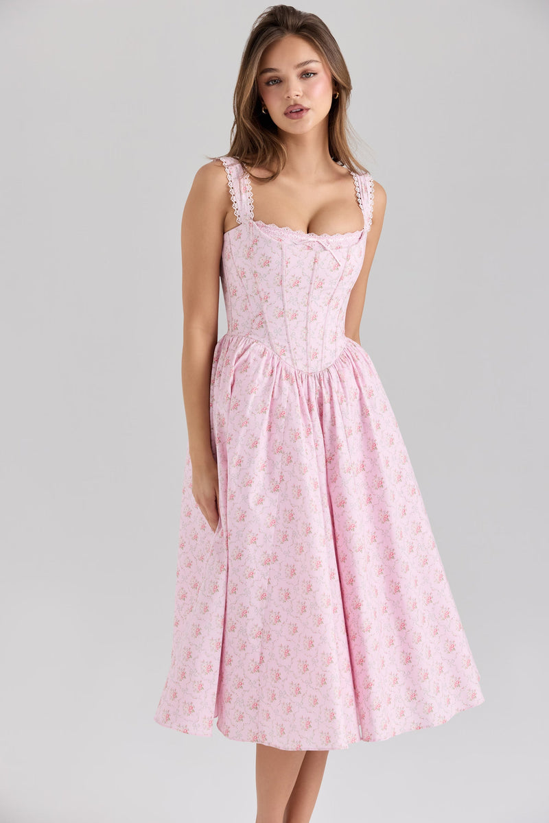 Elara Rose Dress — Pink Midi Dress With Corseted Bodice
