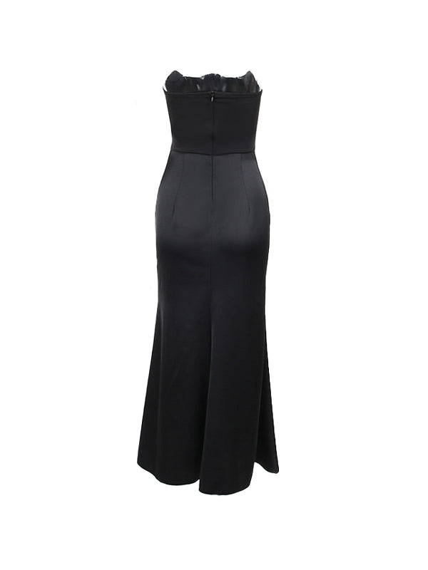 Satin Bandeau Splice Slim Maxi Dress With Corset Ruched