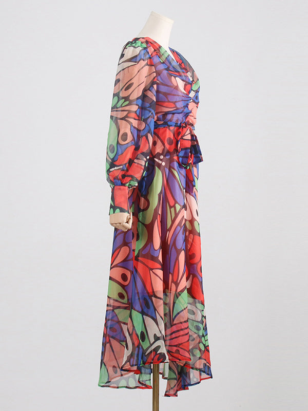 High Waisted Long Sleeves Buttoned Printed Split-joint V-neck Midi Dresses