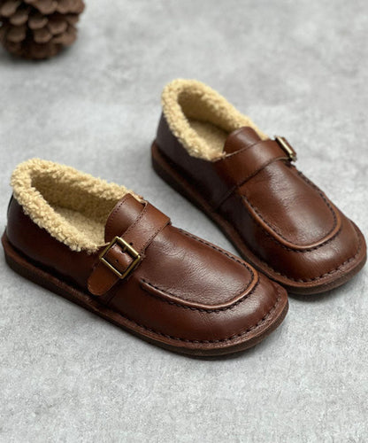 Coffee Flat Shoes for Cowhide Leather Fuzzy Wool Lined Flat Shoes for