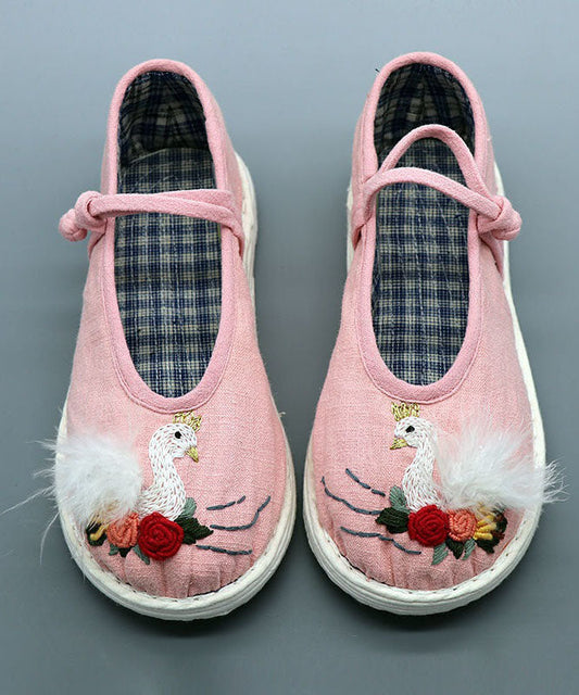 Pink Linen Fabric Flat Shoes for Embroidery Splicing Buckle Strap