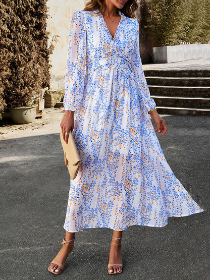 A-line High Waisted Flower Print Ruffled Split-joint Deep V-neck Maxi Dresses