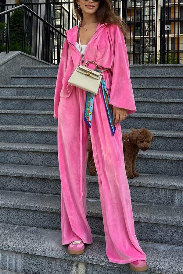 Velvet Zip-up Hooded Top and Elastic Waist Wide Leg Pants Set