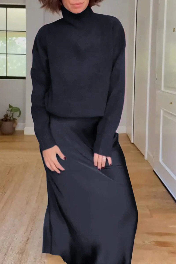 Jaelyn Color Turtleneck Long Sleeve Sweater and Satin Elastic Waist Maxi Skirt Set