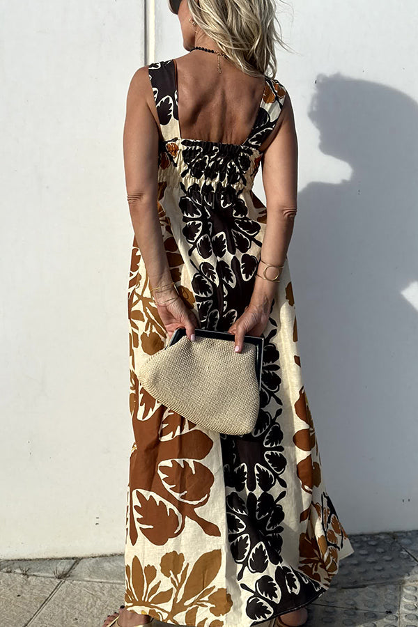 Jalen Linen Blend Print Knotted Strap Elastic Waist Midi Dress