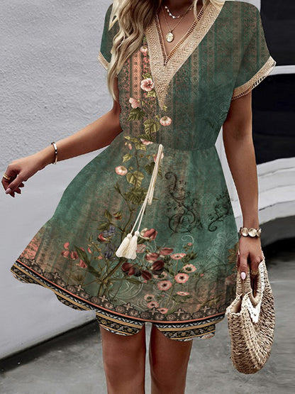 A-line Loose Elasticity Flower Print Hollow Split-joint Tasseled Tied Waist V-neck Mini Dresses