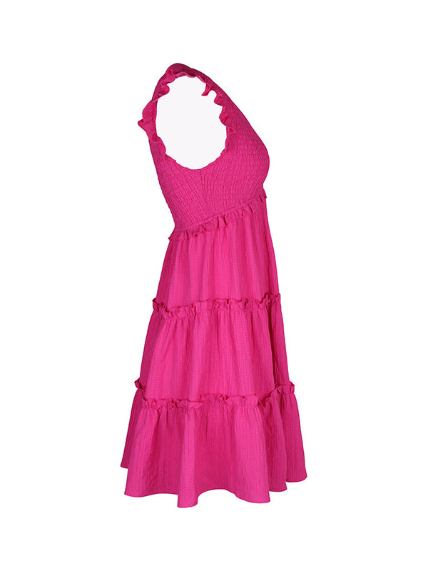 Loose Sleeveless Ruffle Trim Color Split-joint Deep V-neck Mini Dresses