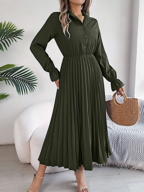 A-line Flared Sleeves Buttoned Elasticity Pleated Color Lapel Maxi Dresses