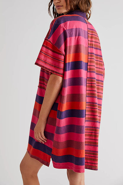 Contrast Striped Patchwork Denim Lapel Loose Mini Dress