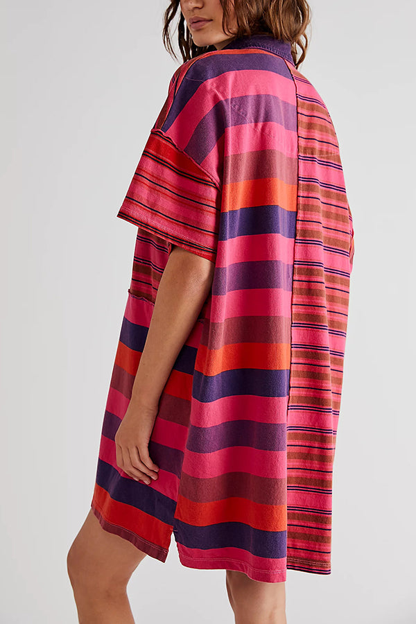 Contrast Striped Patchwork Denim Lapel Loose Mini Dress