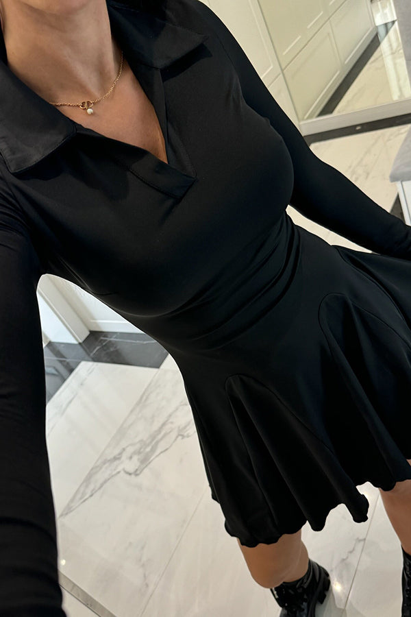 Color Lapel Long Sleeve Slim Fit Waist Mini Dress
