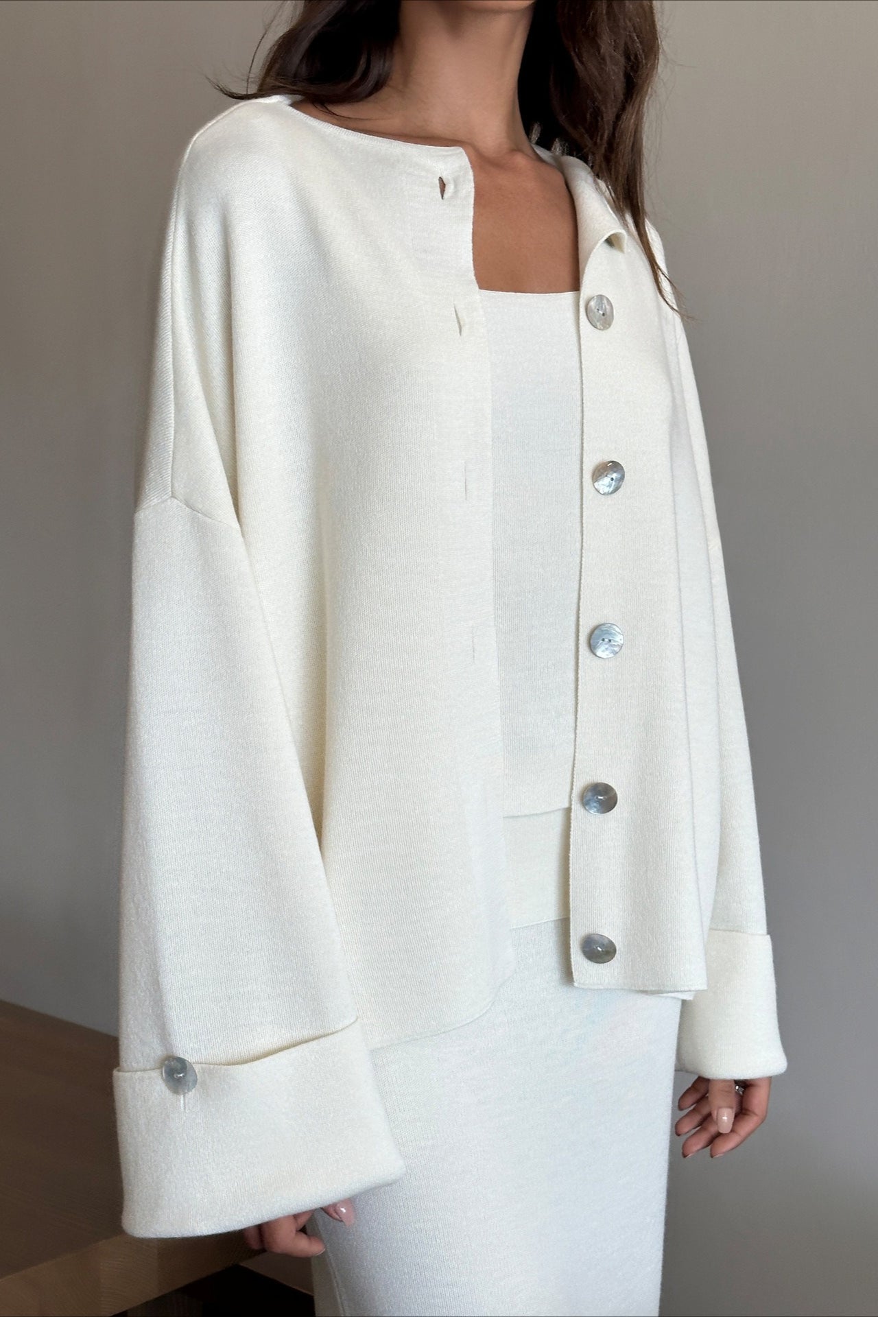 Minimalist Knit Long Sleeve Cardigan Cami Three Piece Set