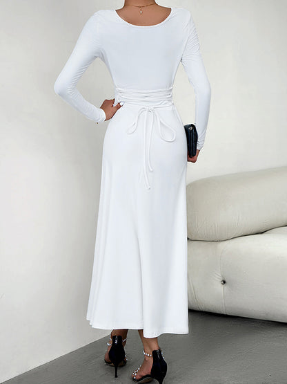 A-line High Waisted Color Tied Waist U-neck Midi Dresses
