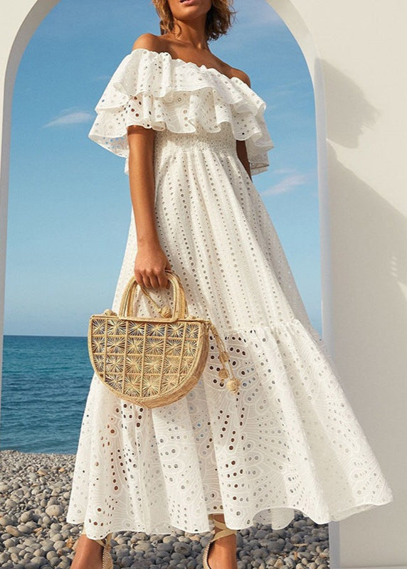 Lunara Eyelet Off-shoulder Dress – White Ruffle Midi