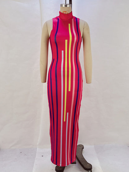 Bodycon High Waisted Contrast Color Printed High Neck Midi Dresses