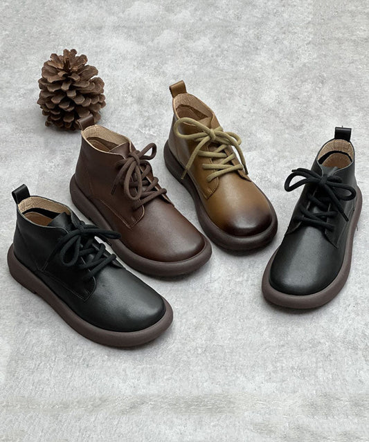 Black Cowhide Leather Flat Boots Lace Up Ankle Boots