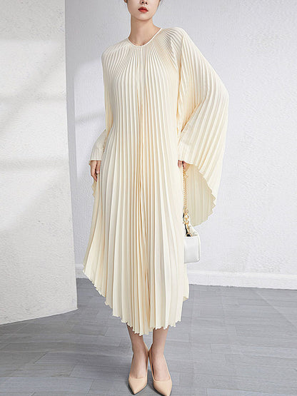 Urban Flared Batwing Sleeves Pleated Color Round-neck Midi Dresses