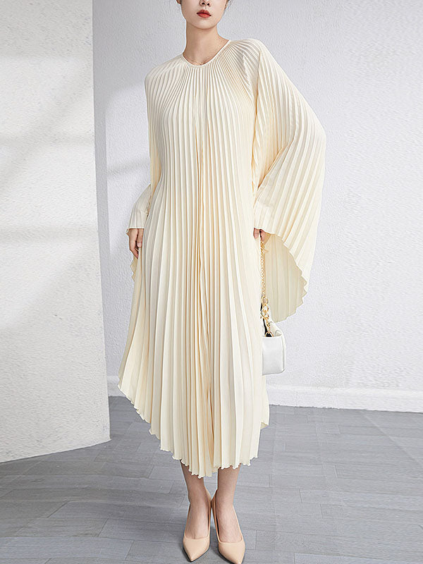 Urban Flared Batwing Sleeves Pleated Color Round-neck Midi Dresses
