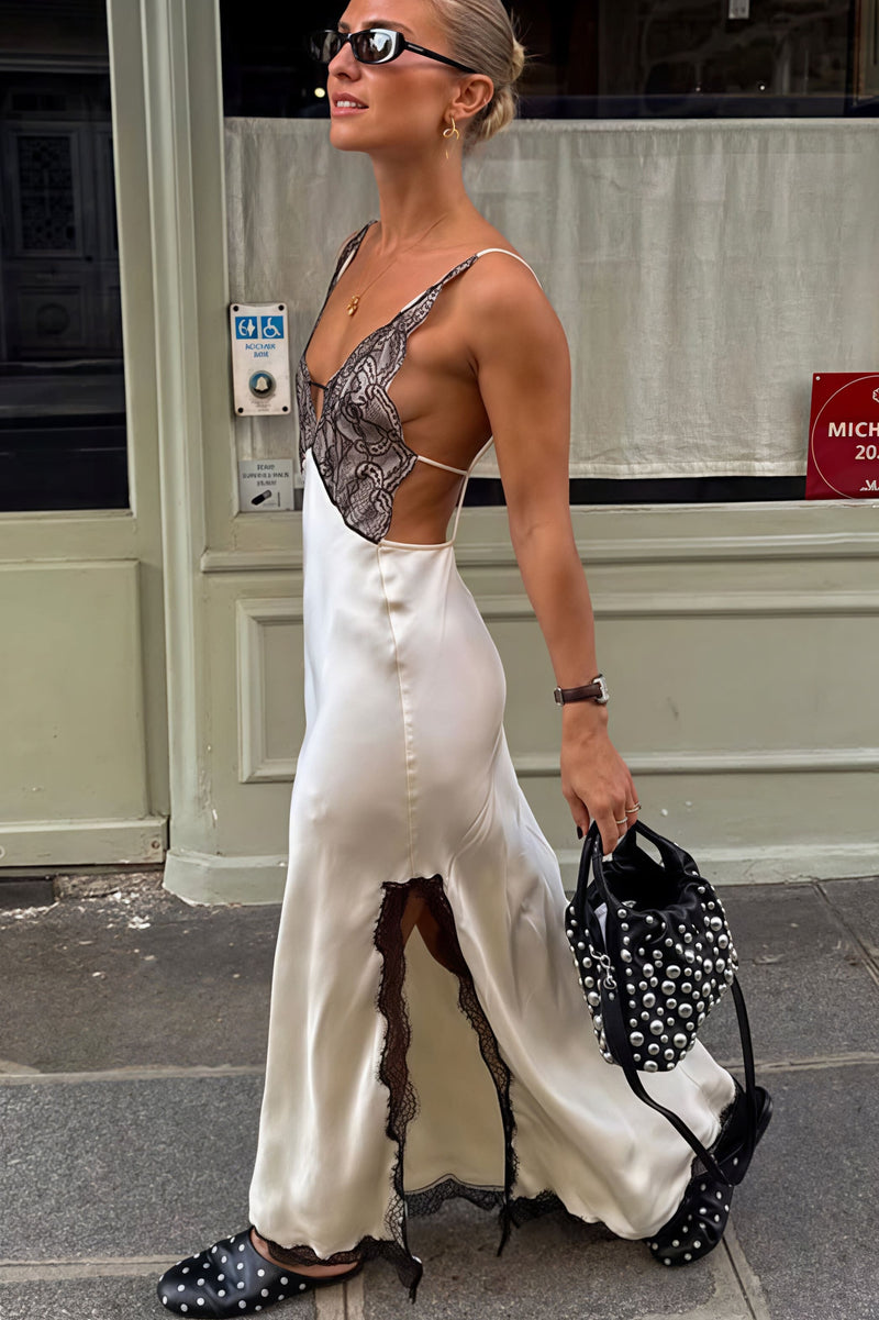 Slim Lace Patchwork Backless Satin Maxi Dress