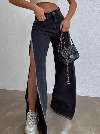 High Waisted Side Split Out Jeans Loose Cargo Black Pants Summer Wide Leg Long Baggy Y2k Jeans
