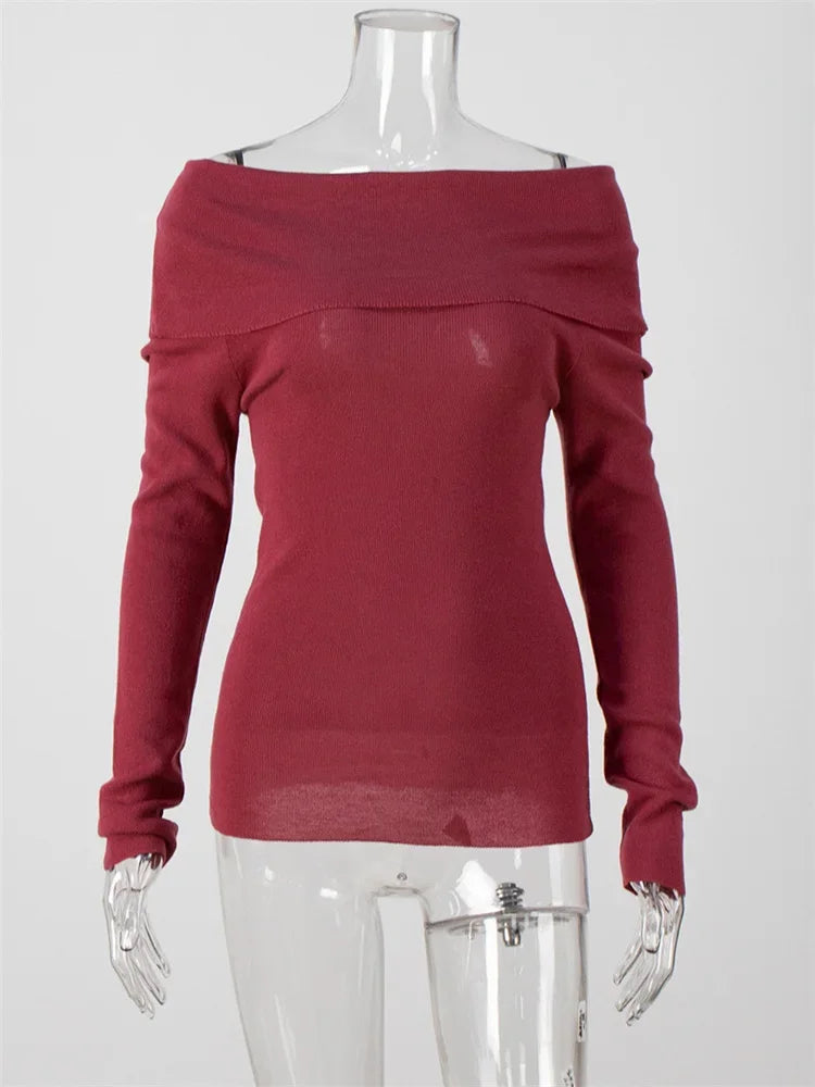 Off-shoulder Knit Pullover Sweater for Mesh See-through Long Sleeve Backless Y2k Top Knitwear Pullover