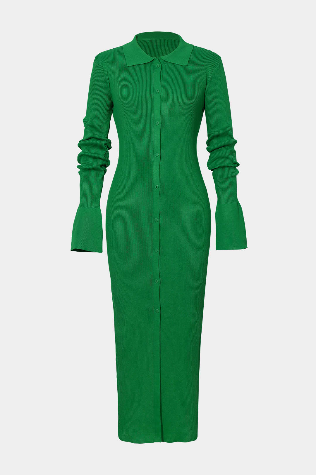Color Shell Sleeve Ribbed Buttons Down Maxi Dress