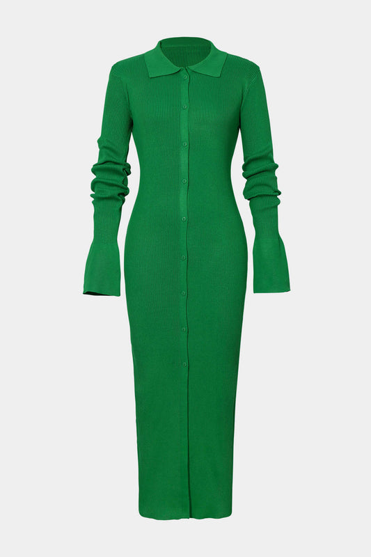 Color Shell Sleeve Ribbed Buttons Down Maxi Dress
