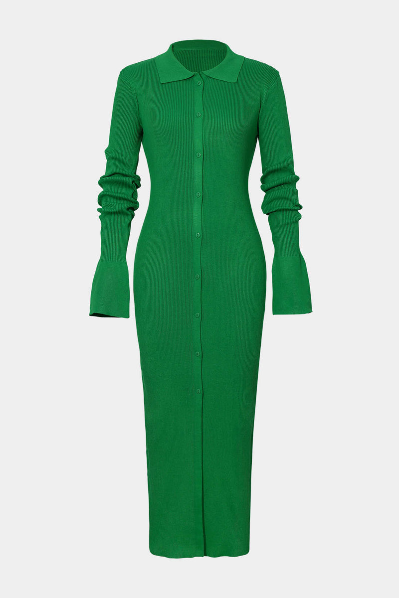 Color Shell Sleeve Ribbed Buttons Down Maxi Dress