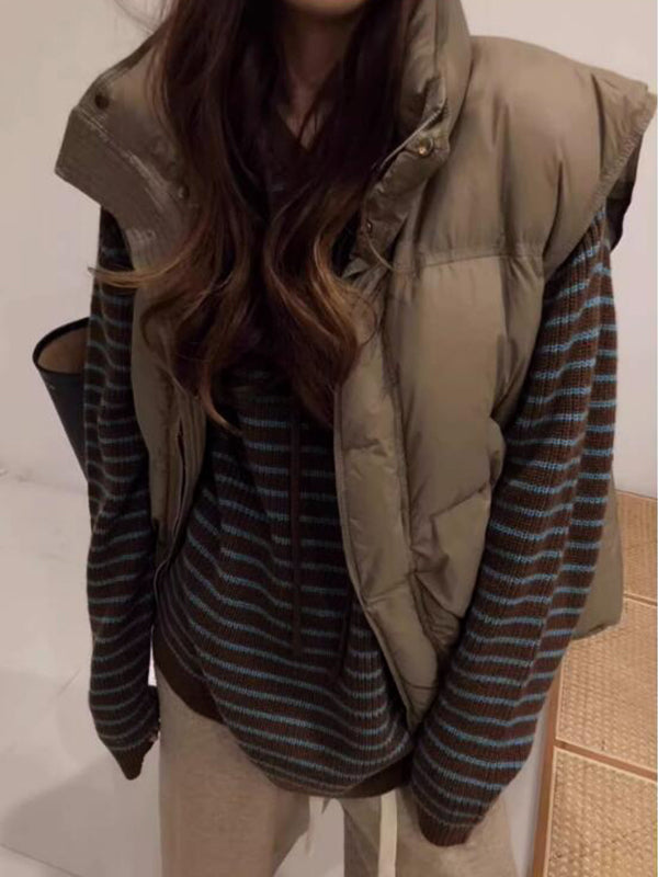 Coffee Color Hooded Stripe Lace Up Sweater