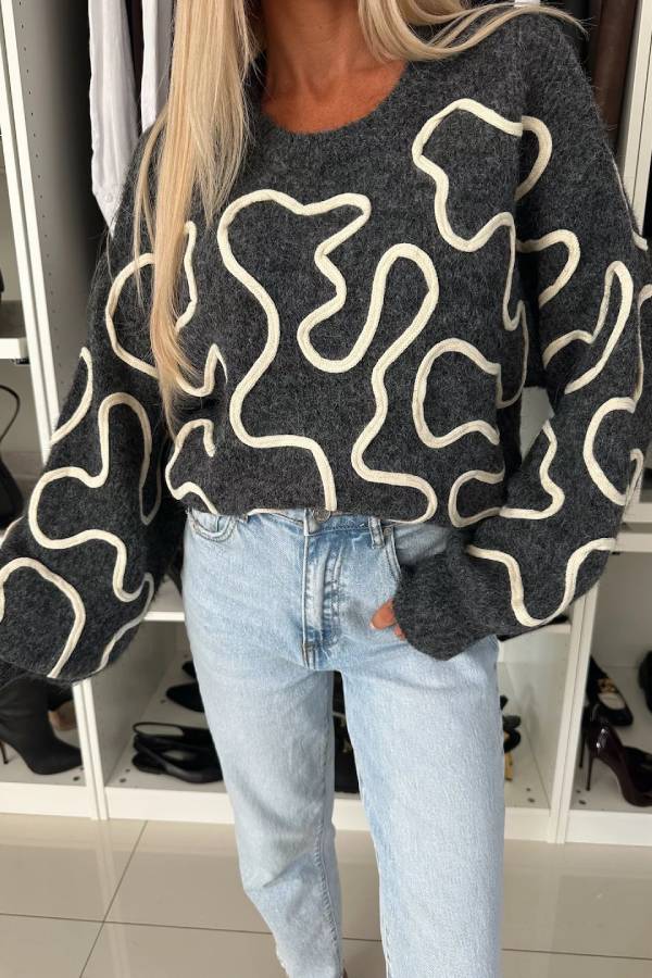 Mood Knit Contrast Color Sewing Line Pattern Loose Sweater