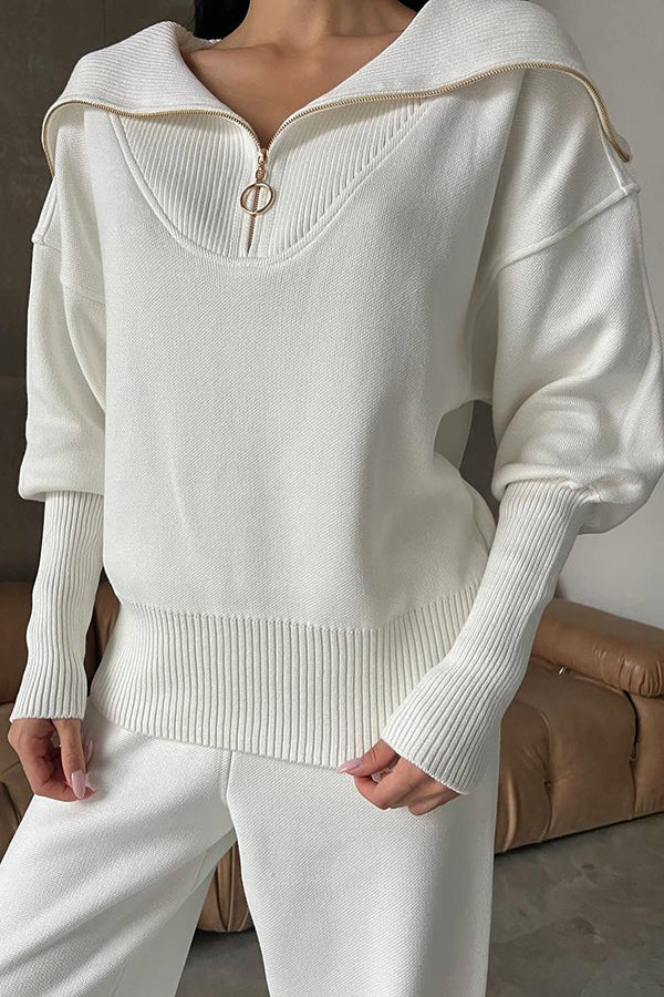 Color Long-sleeved Zip-up Sweatshirt and Elastic Waist Loose Pocket Pants Set