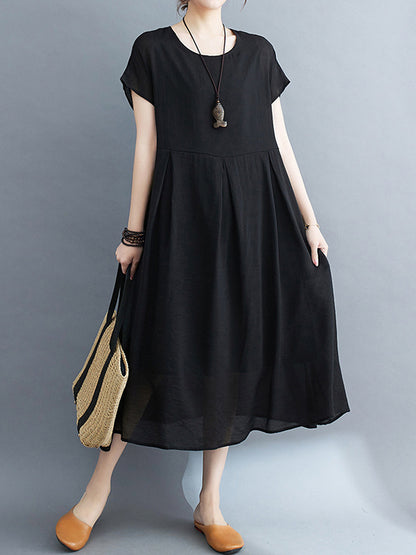 Loose Short Sleeves Color Split-joint Round-neck Midi Dresses