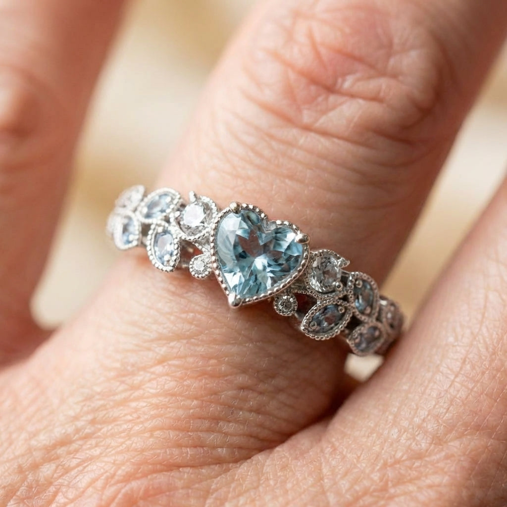 Silver Leaf Heart Blue Stone Ring