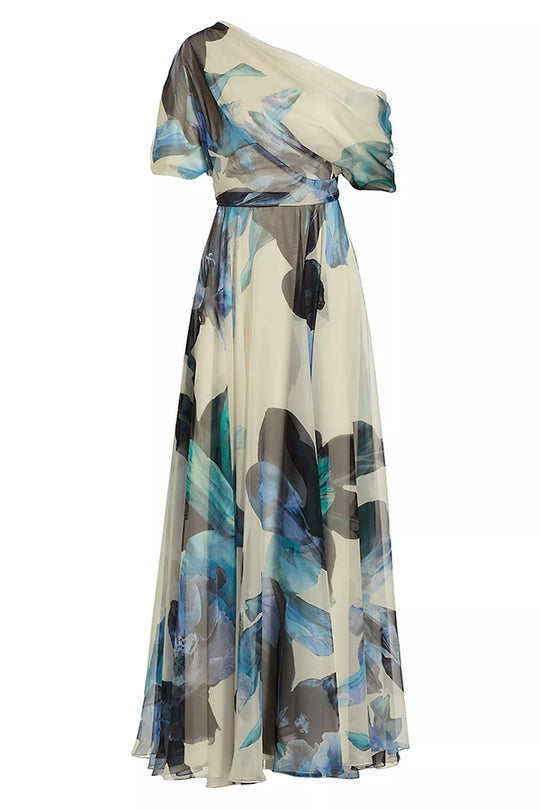 Unique Printed Short-sleeved One-shoulder Maxi Dress