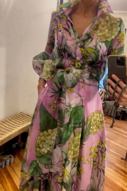Seeds of Happiness Tulle Print Balloon Sleeve Belt Blouse