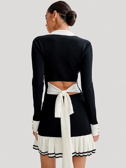 Ruffled Bow Knit Mini Dress ’s Summer Backless Contrast Cardigan Lace-up Dress Female Knitwear Bandage Dress
