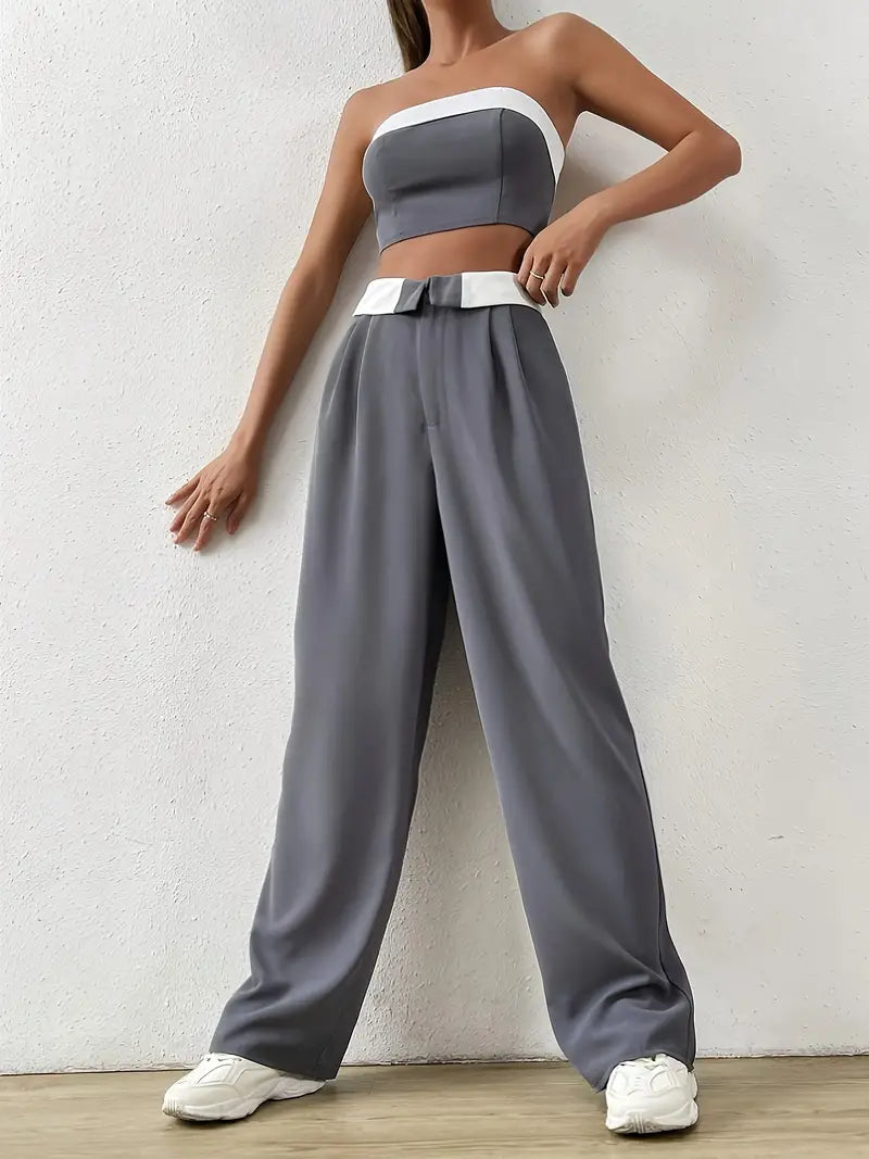 Contrast Off Shoulder Tube Top & Pants Two Piece Set