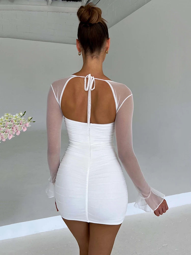 Backless Mini Dress for Robe Two Layer Mesh Full Sleeve Zipper Bodycon Party Short Dress Vestido