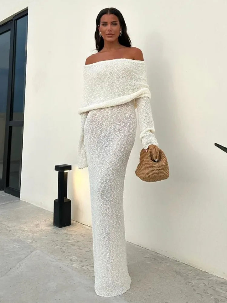 Knit Hollow Out Off-shoulder Maxi Dress Female Cover Up Loose Long Sleeve Holiday Beach Party Dress Knitwear Dress