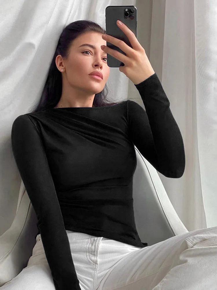 Long Sleeve Top White T-shirts Basic Crop Top Autumn Pollover Skew Neck T Shirt Basic Black Y2k Tees