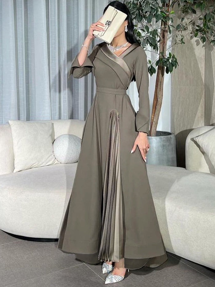 A-line Wrap Pleated Color Split-joint V-neck Maxi Dresses