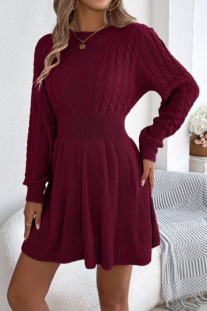 Round Neck Chunk Cable Waisted Knit Mini Dress