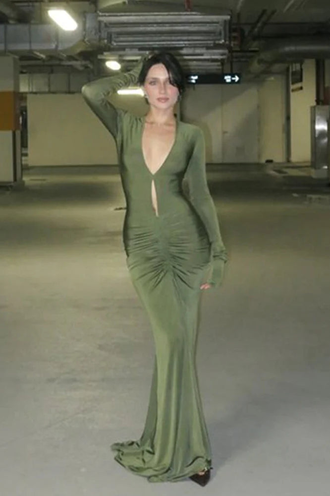 Ruched Cutout Deep V-neck Bodycon Maxi Dress